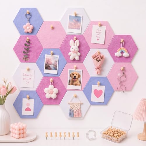 6.7 x 5.9 in 16 Pcs Hexagon Cork Board Tiles, Felt Pin Boards, Pink