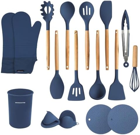 OVENTE Silicone Cooking Utensils Set, 17pcs, Heat Resistant, Blue SPS17BL