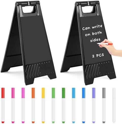 2 Pack a Frame Sandwich Board Sign with Dry Erase Surface, 24 x 12 Inch Double Sided Sidewalk Sign Chalkboard Easel Heavy Duty Plastic Dry Erase Poster Board for Outdoor Restaurant Cafe Menu (Black)