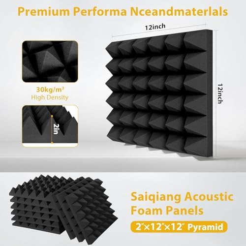 56 Pack Acoustic Foam Panels, 2" x 12" x 12" Sound Proof Foam Panles Pyramid-shaped, Soundproofing Noise Absorbing Pyramid Black Panels for Wall Studio Foams