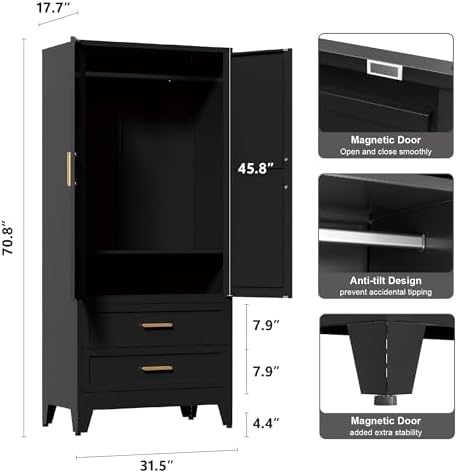 Washsemba 71'' Farmhouse Metal Wardrobe Cabinet with Hanging Rod, 2 Barn Door Wardrobe Closet with Adjustable Shelves,2 Drawer,for Dining Room,Bedroom,Living Room, Cloak Room,Office (Black)