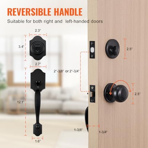 VEVOR Front Door Handle and Deadbolt Set, Matte Black Front Door Lock Set with Interior Knob, Adjustable Hole Spacing Single Cylinder Handleset, for Right and Left Handed Entrance and Front Door
