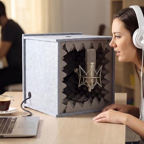 Pushglossy Desktop Soundproof Cover Portable Vocal Recording Booth Vocal Microphone Isolation Booth Cube for Music Studio Podcasts Decreasing Noise Home(Gray, 14.17 x 14.17 x 14.17 Inch, Holes)