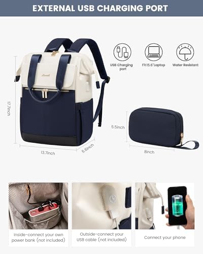 LOVEVOOK Laptop Backpack for Women, 15.6 Inch Work Laptop Bag with USB Port, Fashion Teacher Nurse Backpack Purse, Waterproof Travel Computer Backpack with Organizer Bag, 2PCS,Beige - Navy