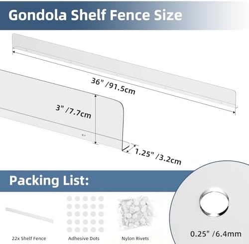Nalwort 22 Pcs Retail Gondola Shelving Front Fence, Clear PET Shelf Fence with 1/4" Holes and Screws, Front Lips Barrier for Retail Store Display Rack, 3" H x 36" L