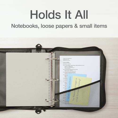 Oxford Zipper Binder with Pockets, 3 Inch Round Rings, Handle and Removable Shoulder Strap, 5-Tab Expanding File, Black & Navy (1006343)