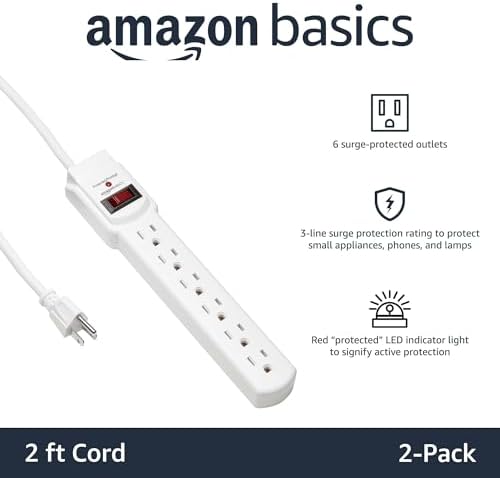 Amazon Basics Surge Protector Power Strip, 6-Outlet with 200J Protection, Circuit Breaker, LED Indicator, On/Off Switch, Wall-Mounting, 2ft Extension Cord, White, 2-Pack