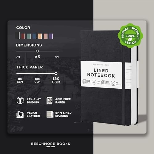 BEECHMORE BOOKS Premium Lined Leather Journal for Men & Women, 5" x 8" (A5) Thick 120gsm Ivory Cream Paper Notebook, Hardcover Vegan Leather Personal Diary, With Gift Box (Charcoal Black) (Pack of 2)