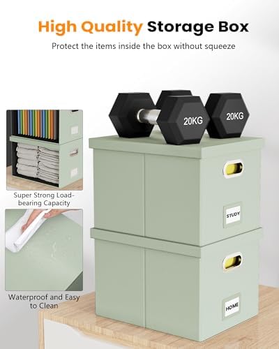 2 Pack File Storage Organizer, Portable File Box with Lid, Fit for Letter/Legal File Folder Storage, Grey-green (Leather) Box
