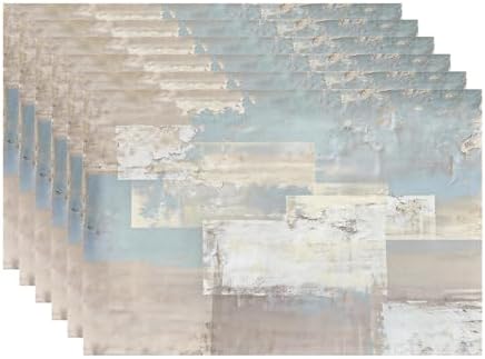 Batmerry Grey and Beige Abstract Painting Placemats, Taupe Squares Texture Washable Linen Table Mats for Kitchen Table Double Insulation Decor Dining Set Indoor Outdoor 12X18 in Set of 6