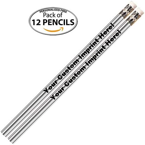 Personalized Custom Pencils - Round - Glitz & Glitter Full Color Print w/your name, message, text or logo - Customizable - Made in USA - Great gift ideas - 12/Set (SIZZLING SILVER METALLIC FOIL)