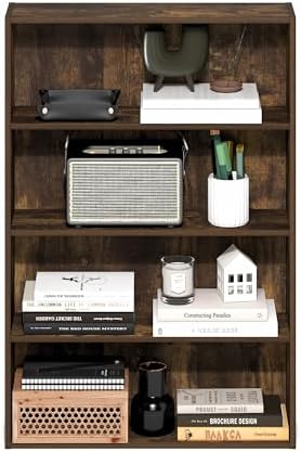 Furinno Basic Book Shelf, 4-Tier Bookcase with Open Shelf, Bookshelf, Cube Storage Organizer, 6 x 24 x 35, for Living Room, Bedroom, Home Office, Amber Pine