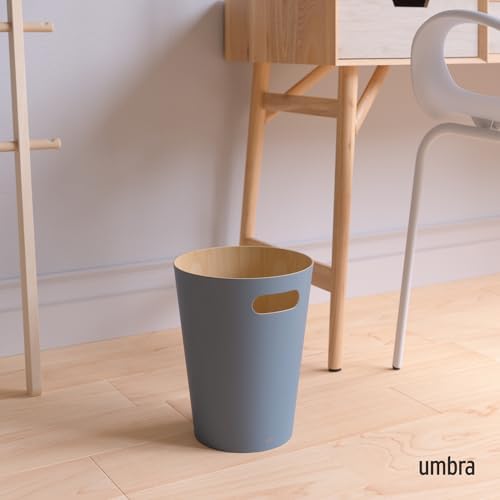 Umbra Woodrow Trash Can, Wooden Wastebasket, 2 Gallon, Slate Blue