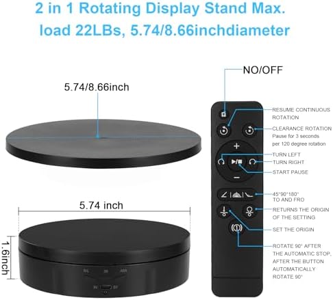 2 in 1 Motorized Rotating Display Stand with 5.74 /8.66 inch Replacement Cover, Remote Control 360 Degree Electric Turntable Display Stand Max 22lbs Load Auto Lazy Susan for Photography LiveStream