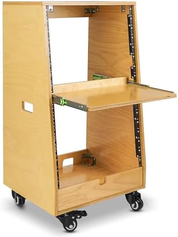 Sound Town DIY Slanted 16U Studio Rack (8U Top + 8U Lower), with 2U Bottom Storage, Slide-Out Tray, Caster, Plywood, Golden Oak for Recording Room, Home Studio (SDRK-ST16T)