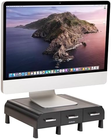 Mind Reader Monitor Stand, Laptop Riser, Desktop Organizer, Storage Drawer, Office, Plastic, 13.5"L x 13"W x 4"H, Black