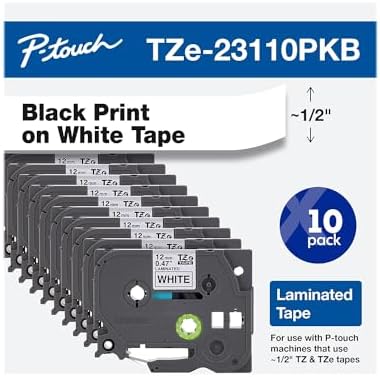 Brother Genuine P-Touch, TZe-231 10-Pack Tape (TZE23110PK) ½â€ (0.47â€) x 26.2 ft. (8m) (Pack of 10) Laminated P-Touch Tape, Black on White