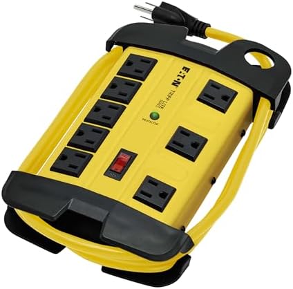 Tripp Lite Eaton TLM825SA Heavy Duty Power Strip with Surge Protection, 8 Outlets, 3900 Joules, Yellow Metal Housing, 25ft Cord, Keyhole Mounting Slots, Cord Wrap, Industrial Garage Work Shop Bench