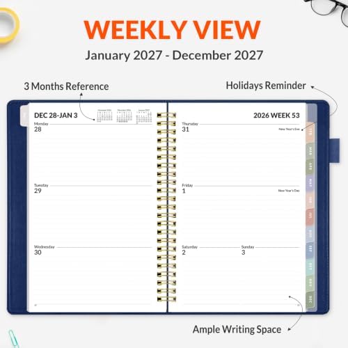 SUNEE 2027 Weekly & Monthly Planner 6.2"x8.5"- 12 Month (January 2027 - December 2027), Vegan Leather Cover, Pocket, Bookmark, Notes, Monthly Tab, Deep Blue