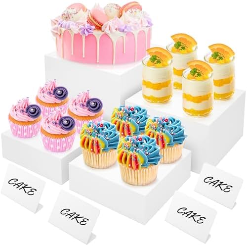 8” Buffet Risers with Mini Signs, Buffet Table Risers and Stands, Acrylic Cube Display Box for Catering Party Table Food Display, Dessert, Cakes - White, Set of 4 Boxes (4 Pack)