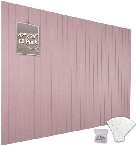Cork Board Alternative-Felt Slat Wall Paneling,Office Bulletin Board for Decoration, Suitable for Displaying Photos and Documents, with Removable Adhesive Labels,12-Pack (Pink)