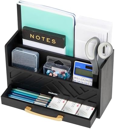 Mind Reader 5-Compartment Desktop Organizer, Rustic Wooden Storage Rack with Drawer for Papers, Accessories, and Office Supplies, 12.5" L x 4.25" W x 7.5" H, Black