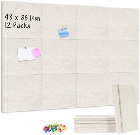 DOLLAR BOSS Felt Cork Board Tiles 48" x 36" Bulletin Board, 12 Pcs Beige