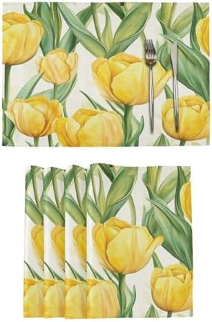 ALAZA Yellow Tulip Flowers Set of 6 Placemats Rectangle Table Mat for Dining Table Restaurant Kitchen Home Decor, 12" x 18"