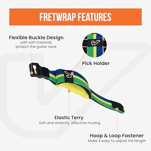 Gruv Gear Fret Wrap & Guitar Mute, Fretwrap for Acoustic, Electric & Bass | String Dampener Recording, Tapping & Practice Accessory (1 Pack, Medium Green/Yellow/Blue, Fits 5 String Bass, 7 String