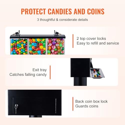 VEVOR Commercial Vending Machine, Triple Compartment Candy Dispenser with Iron Stand, Gumball and Candy Machine for Business, Coin Operated Gumball Bank for Toy Capsules Bouncy Balls Candy Nut, Black