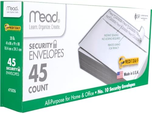 Mead Envelopes, #10, 4-1/8" x 9-1/2", Self Adhesive, 90 Count | Security Printed Lining | 20-lb Paper | White