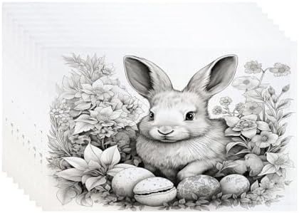 Batmerry Bunny with Eggs Flowers Linen Placemats Set of 8, A Bunny Surrounded By Eggs and Flowers Washable Table Mats for Kitchen Table Thickened Heat Insulation Dining Set Indoor Outdoor 12X18 in