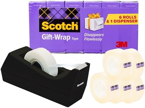 Scotch Gift Wrap Tape with Scotch Desktop Dispenser, 6 Rolls of 3/4" x 1000" Each Plus 1 Desktop Tape Dispenser