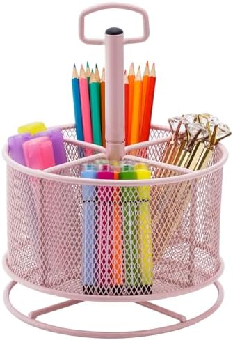 Marbrasse Mesh Desk Organizer, 360-Degree Rotating Multi-Functional Pen Holder, 4 Compartments Desktop Stationary Organizer, Home Office Art Supply Storage Box Caddy (Pink)