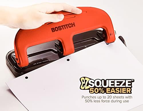 Bostitch Office EZ Squeeze 20 Sheet Standard 3 Hole Punch, Metal Construction, Red (2220-RED)