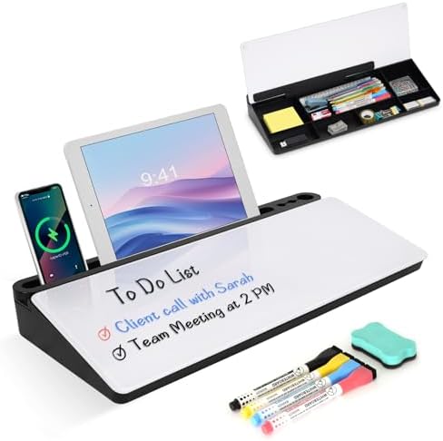 Desktop Glass Whiteboard with Storage, Desk Dry Erase White Board Stand
