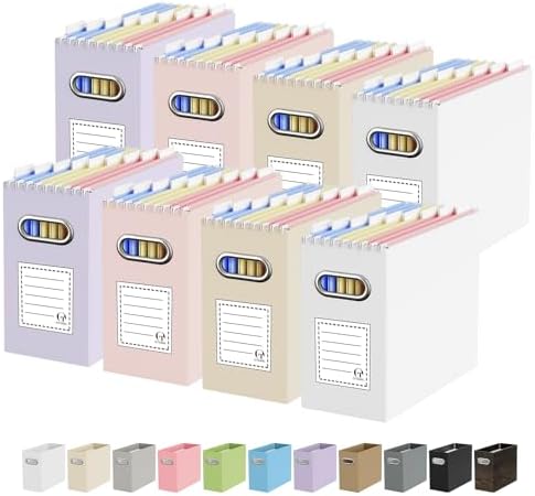 Oterri Portable Collapsible Cardboard File Box with Handle for Letter-Size | 8-Pack. Stainless Steel Handle. Label Stickers Included. Fits Letter Folders (Not Included). Home, Office, School, Dorm, Tax.