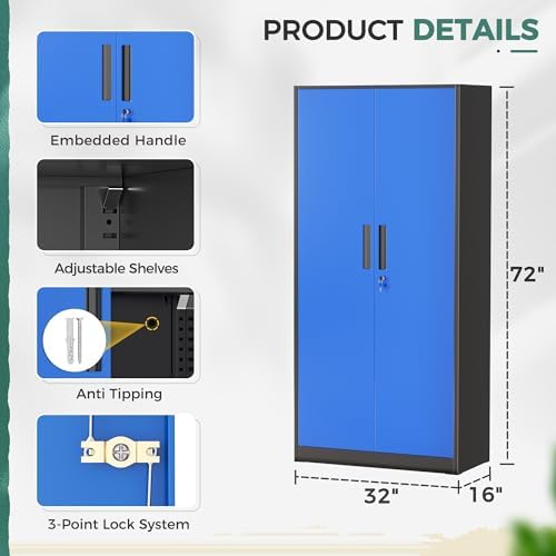 Greenvelly Metal Garage Storage Cabinet, 72" Tall Steel Storage Cabinets with 2 Doors and 4 Adjustable Shelves, Metal Tool Cabinets, Locking File Cabinet for Home Office, Garage, School (Black Blue)