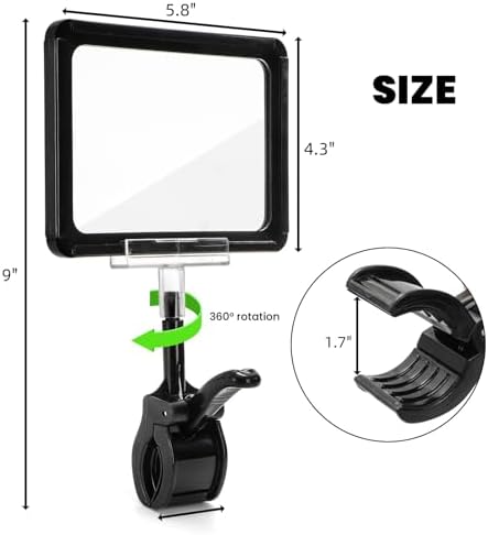 ZOOFOX 10 Pack Acrylic Sign Holder with Clamp, Rotating Clip Pop Swivel Sign with PVC Card Protector, Double Head Sale Signs Holder for Retail Store, Clothing Rack, Office, Supermarket, 6 x 9 Inch