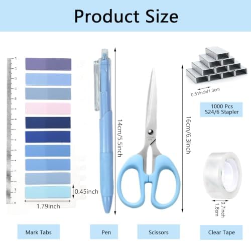 Office Supplies,Blue Desk Accessories,Office Supplies Set,Stapler and Tape Dispenser Set,Scissors,Staple Remover,Binder Clips,Staples,Ballpoint Pen,Index Tabs with Ruler,Clear Tape.9pcs for Office