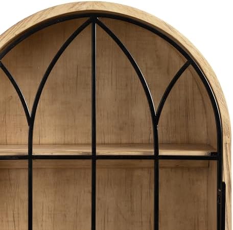 Kate and Laurel Megara Decorative Wooden Hanging Arched Wall Cabinet with Door for Open Storage; 16 x 5 x 24; Natural Wood and Black; Wooden Floating Wall Bathroom Cabinet for Above Toilet Storage