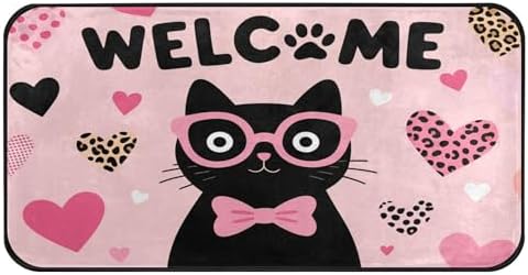 Aslsiy Black Cat with Bow Heart Pink (1) Kitchen Rug Kitchen Mats Valentines Floor Comfort Welcome Washable Non Slip Area Rug for Home Decor 39" X 20"