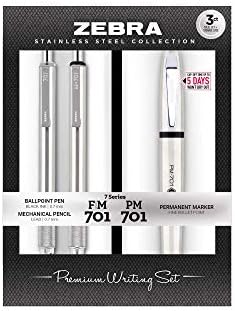 Zebra Pen STEEL PM-701 & M/F-701, Pen, Pencil & Permanent Market Set, 3-Pk