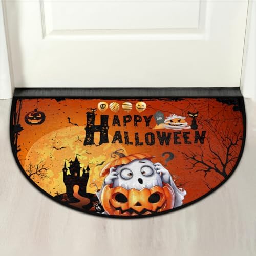 Halloween Ghosts Pumpkin Half Round Door Mat Non Slip Washable Halloween Semi Circle Area Rug Absorbent Soft Pumpkin Half Moon Rug Floor Mat for Indoor Kitchen Bathroom Patio Front Door Mat Decor