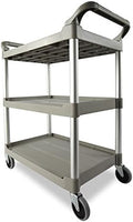 Rubbermaid Commercial Products Heavy Duty 3-Shelf Rolling Service/Utility/Push Cart, 200 lbs. Capacity, Platinum, for Foodservice/Restaurant/Cleaning/Warehouse/Garage