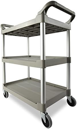 Rubbermaid Commercial Products Heavy Duty 3-Shelf Rolling Service/Utility/Push Cart, 200 lbs. Capacity, Platinum, for Foodservice/Restaurant/Cleaning/Warehouse/Garage