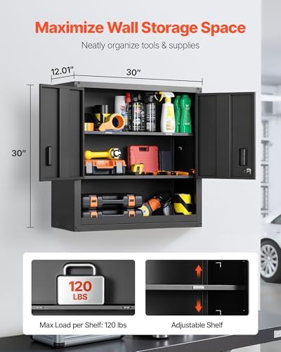 VEVOR Metal Wall Cabinet, 30W x 12.01D x 30H Inch, Steel Floating Hanging Storage Cabinet with Locking Doors and Adjustable Shelf for Garage, Basement, Kitchen, Warehouse Assembly Required, Black