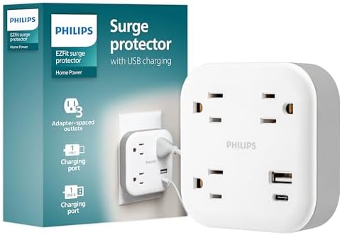 Philips EZFit 3-Outlet Surge Outlet Extender with USB, 1 USB-A, 1 USB-C