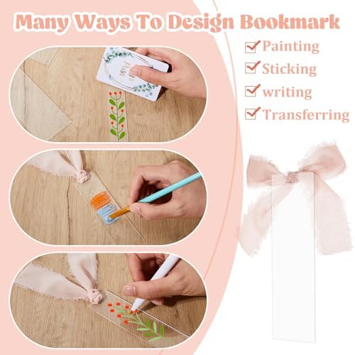 Yeaqee 100 Pcs Rectangle Shaped Clear Acrylic Bookmark Blanks with Ribbon