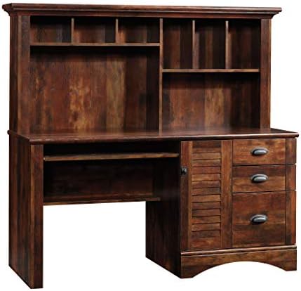 Sauder Harbor View Home Office Computer Desk with Hutch, Keyboard Tray, in Curado Cherry finish